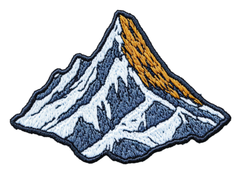 Embroidered mountain patch with detailed design, cut out - stock png.