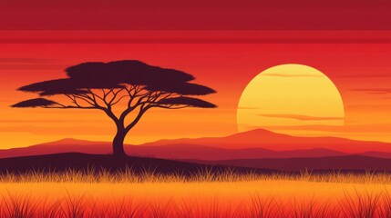 Fototapeta premium As the sun sets over the African savanna, vibrant colors fill the sky, highlighting an acacia tree in silhouette against the horizon