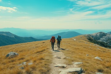 Fototapeta premium Two hikers with backpacks walking along an open mountain trail, surrounded by vast landscapes and a clear sky, enjoying the outdoors.