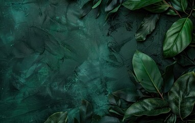 Dark green textured background with tropical leaves arranged around the edges.