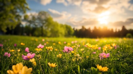 Fototapeta premium A field of pink and yellow wildflowers in a meadow on a sunny day with a blurred background of green trees and a bright sun shining.
