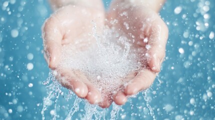 Fototapeta premium Water splashes playfully from cupped hands, glistening under sunlight, capturing the essence of freshness and vitality in nature
