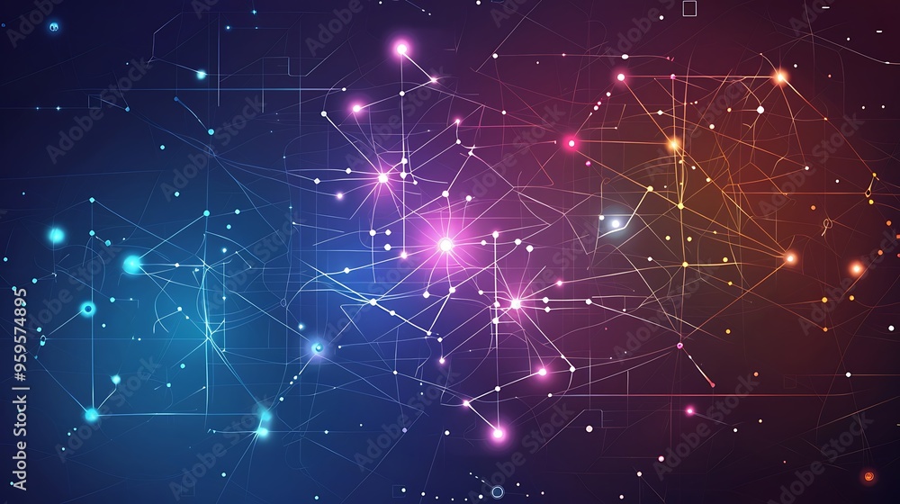 Poster abstract representation of digital network with connected nodes lines shining for communication tech