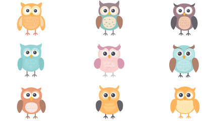 パステルカラーのフクロウアイコンセット | かわいくて柔らかなデザイン素材