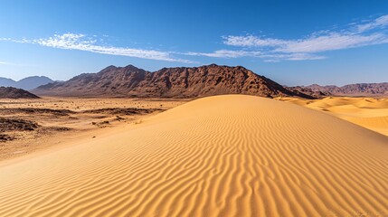 Fototapeta premium A large sand dune with wind-blown ripples in the foreground, with a mountain range in the distance under a clear blue sky.