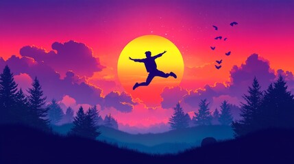 Fototapeta premium Welcome Merry Christmas in 2025. A young man jump between 2024 and 2025 years over the sun and through on the gap of hill silhouette evening colorful sky. Happy new year. Vector illustration