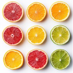 Obraz premium Colorful arrangement of citrus fruit slices showcasing vibrant textures and refreshing hues perfect for food-related projects.