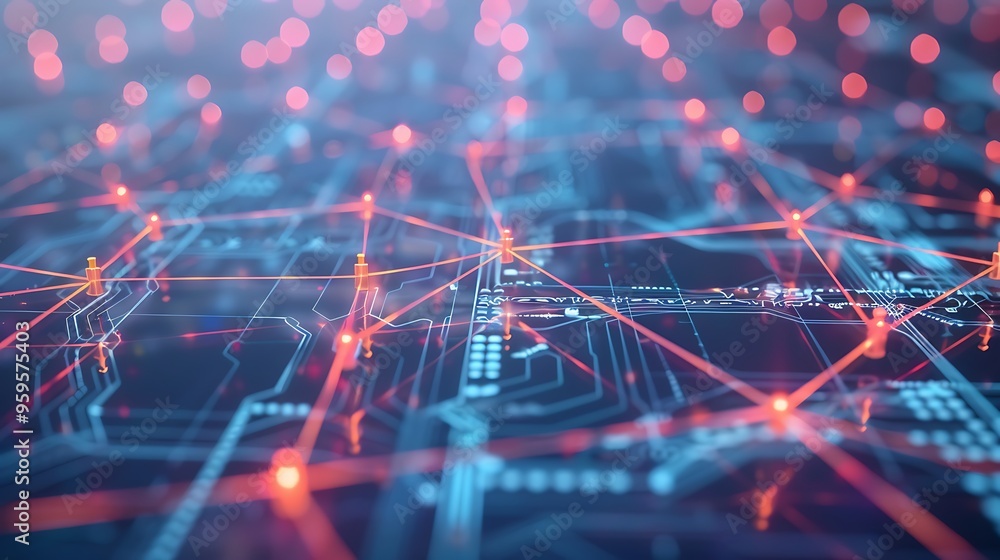 Poster abstract digital network visualization with red glowing data transfer connection line dots for the m