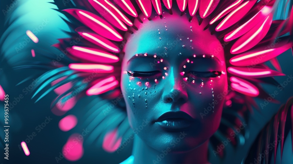 Poster a surreal neon portrait of an otherworldly being, its features glowing with ethereal neon lights, cr