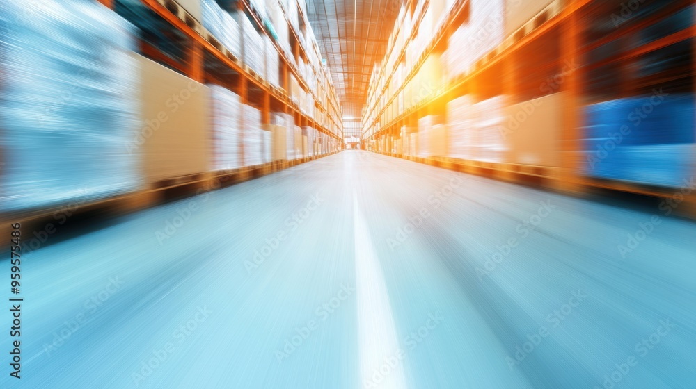 Poster a bustling warehouse filled with stacked boxes and pallets as workers navigate through the aisles, c