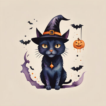 Naklejki halloween cat and pumpkin, bat, cartoon and watercolor style sticker, on the light color background