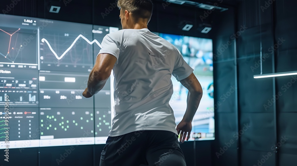 Poster Man running with digital graphic data display for Concept of tracking fitness progress or exercise performance.