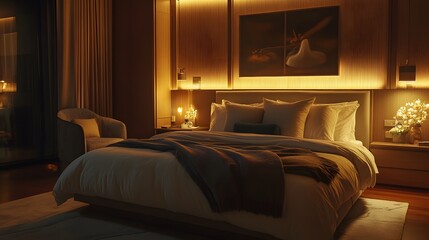 A cozy modern luxury bedroom with a large bed, soft lighting, and luxurious fabrics, creating a serene retreat