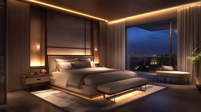 A cozy modern luxury bedroom with a large bed, soft lighting, and luxurious fabrics, creating a serene retreat