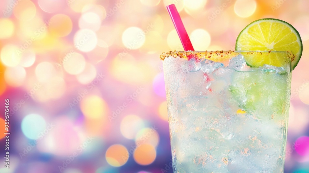 Poster a refreshing cocktail featuring ice and lime is set against a colorful backdrop of bokeh lights, enh