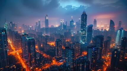Obraz premium Beautiful Cityscape Of Modern Futuristic Buildings And Towers In Night City Light. Generative AI.