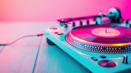 Neon-lit DJ turntable and mixer, illuminated with vibrant colors that enhance the excitement of music mixing and nightlife.