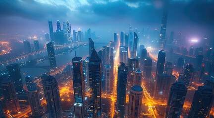 Fototapeta premium Beautiful Cityscape Of Modern Futuristic Buildings And Towers In Night City Light. Generative AI.