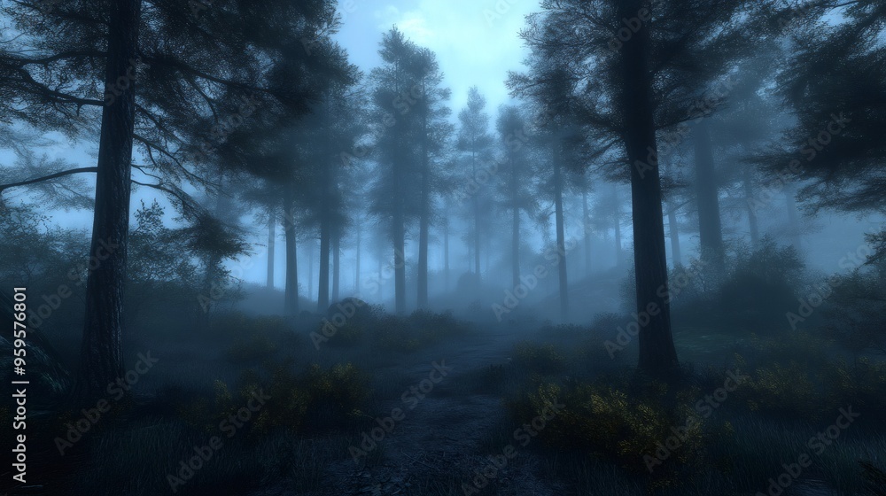 Poster a foggy path winds through a dark and mysterious forest, the trees towering above in a hazy blue lig