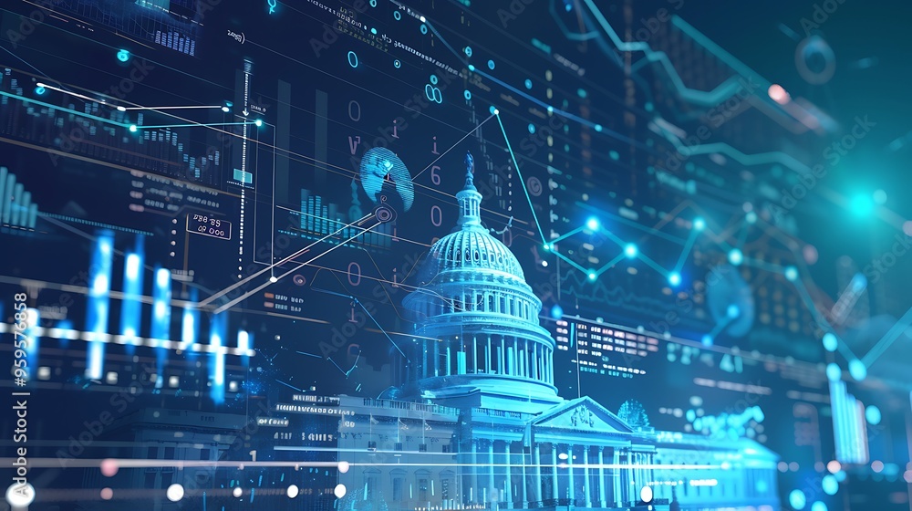 Poster 3d illustration of us capitol building with digital background of data diagram graph for political i