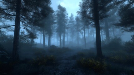 Fototapeta premium A foggy path winds through a dark and mysterious forest, the trees towering above in a hazy blue light.