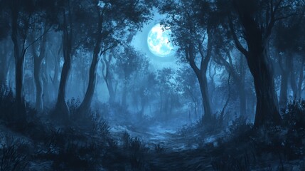 A foggy, moonlit path winds through a dense forest.