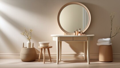 Luxury Beauty Showcase: Sleek Beige Dressing Table and Round Mirror Against a Sunlit Cream Wall