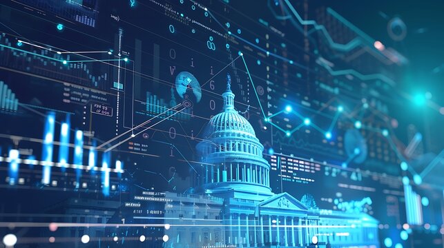 3D illustration of US Capitol building with digital background of data diagrams and graphs for political intersection technology modern governance and data analysis concept.