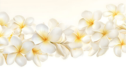 Naklejka premium A flat vector illustration of a Plumeria border, white and yellow blossoms, arranged in a flowing pattern, With some space in the area for text, delicate painting style with light texture