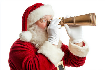 Santa  Claus in  white glove is looking through a telescope. The man is smiling and he is enjoying the experience. 