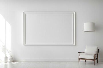room with white wall and floor, modern interior design, white-toned white walls, a piece of furniture, a mock-up frame