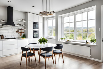 modern dining room with kitchen