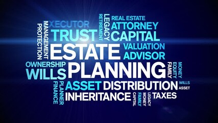 Estate Planning animated word cloud;text design animation tag kinetic typography seamless loop.