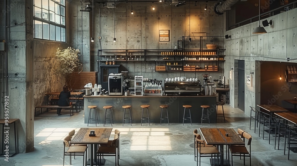 Poster The concrete coffee shop is located in an industrial building, with some metal structures and tables placed on the ground, Seating area with multiple tables. Generative AI.