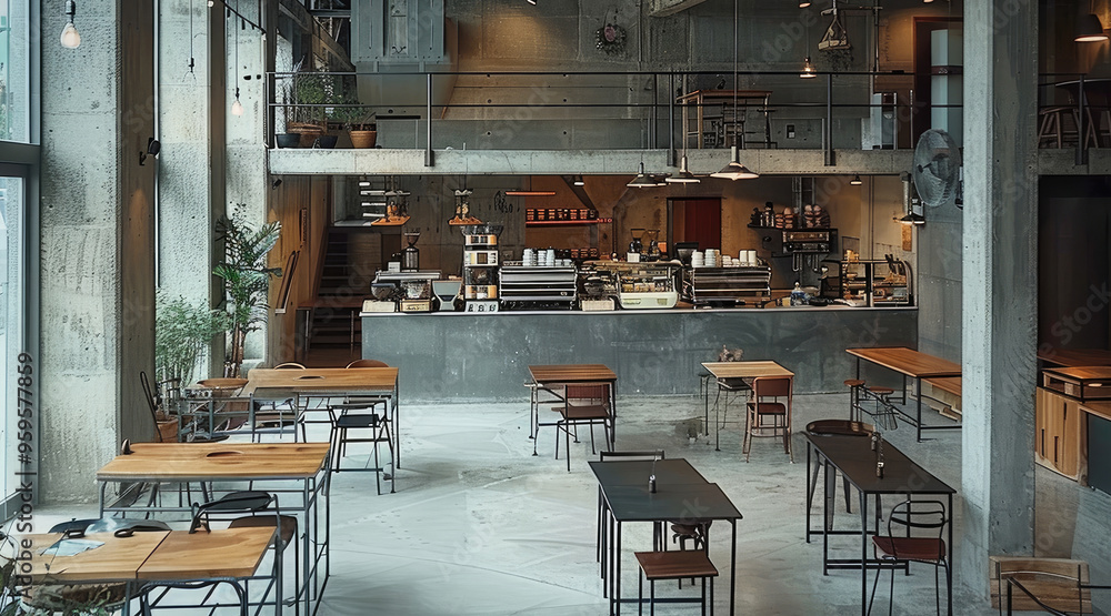 Poster The concrete coffee shop is located in an industrial building, with some metal structures and tables placed on the ground, Seating area with multiple tables. Generative AI.
