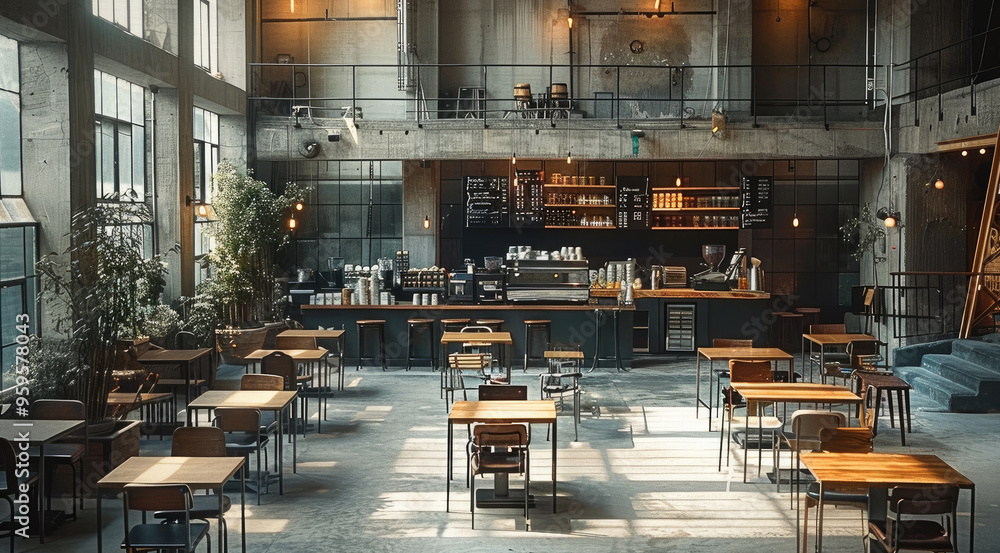 Poster The concrete coffee shop is located in an industrial building, with some metal structures and tables placed on the ground, Seating area with multiple tables. Generative AI.
