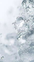 Water Splashing in a Glass with Ice Cubes, Illustration of ice on white background with bubbles.