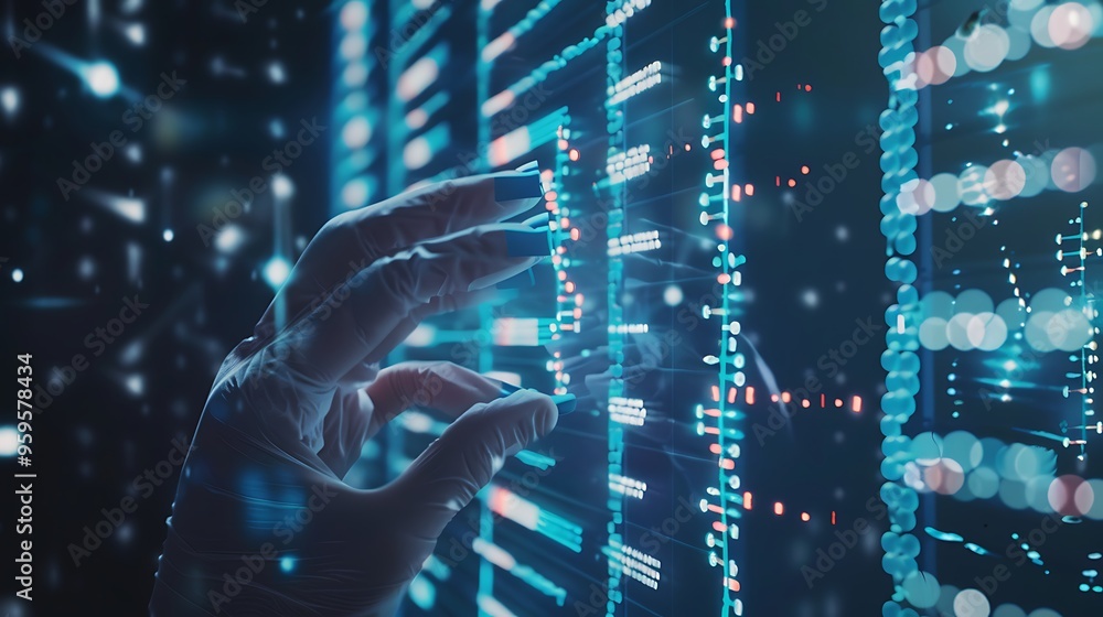 Poster hands interact with the digital display interface. data code glows for the concept of the power of p