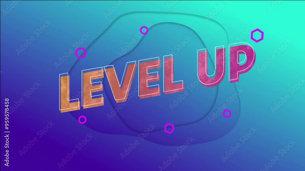 Poster Level up text animation over blue shapes on gradient background