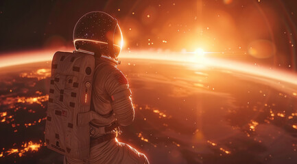 An astronaut floating in space, facing and watching the sun as it sets behind a distant planet....