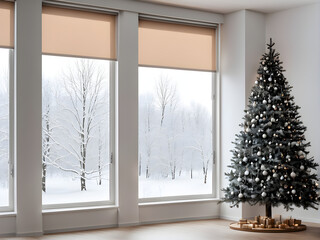 Roller blinds in the New Year and Christmas interior design. Roller shades close up on large windows. Sunscreen curtains in the living room. A new year tree in the apartment