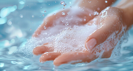 Fototapeta premium Both hands are cleaned and filled with soap bubbles, generative ai