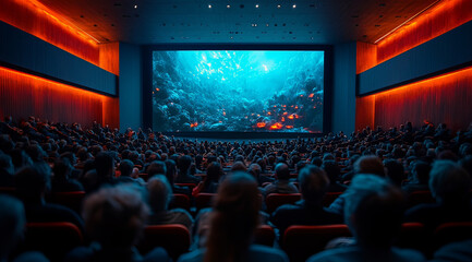 Crowded Movie Theater with Dramatic Screen Scene