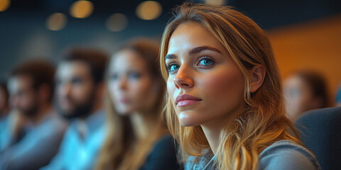 Fototapeta premium A group of employees listening to their boss discussing business in a small meeting room.