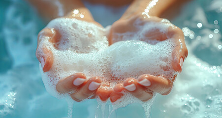 Fototapeta premium Both hands are cleaned and filled with soap bubbles, generative ai