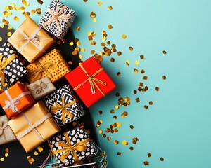 Obraz premium Colorful gift boxes with decorative ribbons and confetti on a bright background, perfect for celebrations and special occasions.