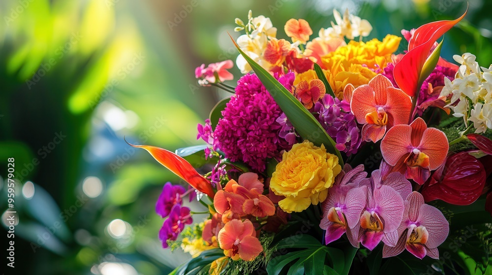 Poster This colorful arrangement showcases tropical flowers such as orchids and anthuriums in a striking display surrounded by greenery. Generative AI
