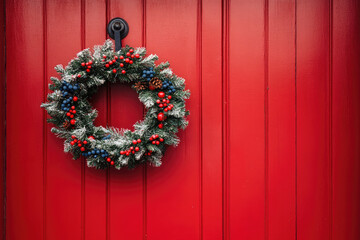 Festive christmas wreath with red ornaments and pine cones hangs on a vibrant red front door, welcoming guests with traditional charm and spreading holiday cheer