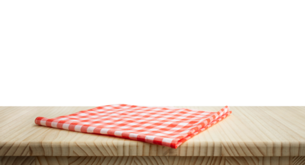 Fabric cloth or placemat on wood table top on blur park garden and  cityscape background