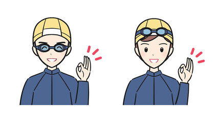 水泳の授業・習い事　水着を着てOKサインをする男子女子セット